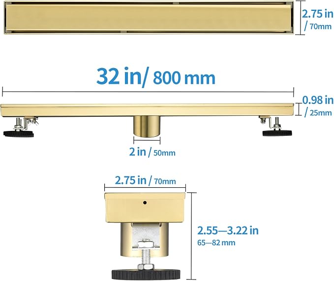 Linear Shower Drain ，with Tile Insert Panels ，32 Inch Brushed Gold 304 Stainless Steel Rectangle Shower Floor Drain，with Hair Catcher, Adjustable Feet