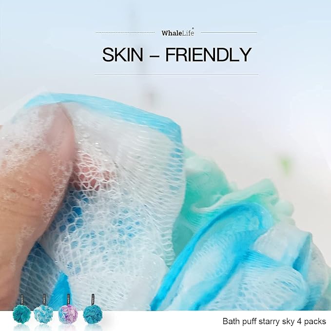 Loofah Sponge Bath Sponge for Women Men 4 Pack (Blue Conbine) | 10X Suds Save Body Wash Double Knotted Anti Tear Core Fast Dry Cotton Loop Stay Fresh Large Mesh for Sensitive Skin