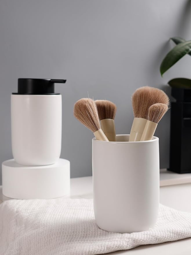 Bosilunlife Soap Dispenser and Toothbrush Holder Set - 11Oz Foam Soap Dispenser Pump Ceramic Bathroom Counter Soap Toothbrush Holder Set White Bathroom Accessories Set