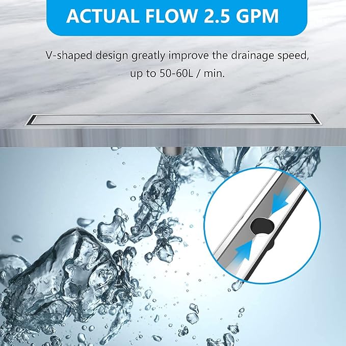Linear Shower Drain 24 Inch, ZEKOO 2 in 1 Brushed Nickel Shower Drain, 304 Stainless Steel Linear Drain with Tile Insert Grate, Rectangle Shower Floor Drain