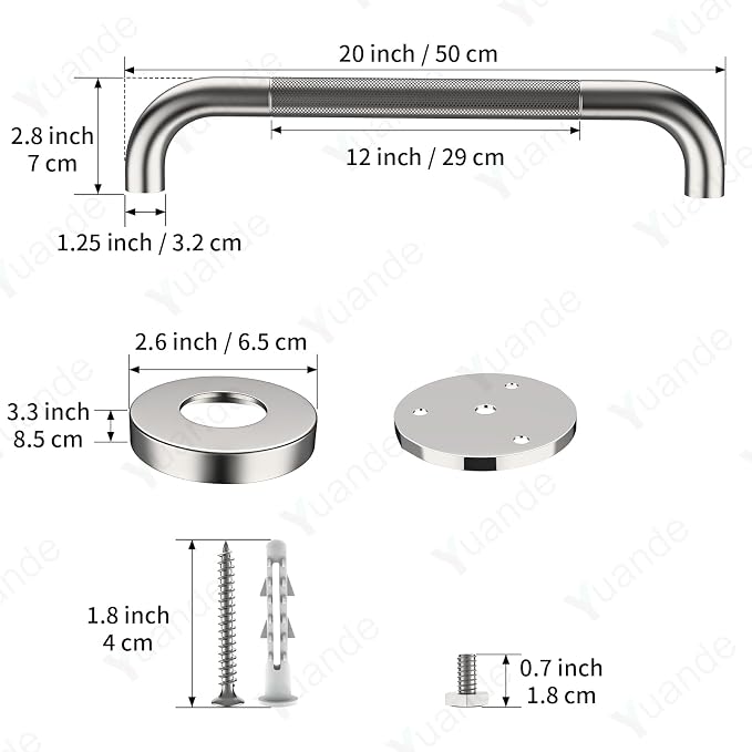 20 Inch Anti Slip Shower Grab Bar, YuanDe Brushed Nickel Stainless Steel Bath Grab Bar, Knurled Bathroom Safety Rail, Shower Handrail Support, Handicap Elderly Balance Assist Handles-1.25" Diameter