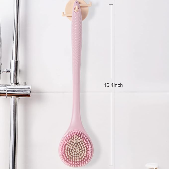 BEDELITE Back Scrubber for Shower, Long Handle 16.4 Inches, Pink, 1 Pack | Soft Back Brush for Shower, Exfoliating Scrubber, Non-Slip Curved Long Handle Bath Brush, Wet or Dry Use for Back Cleaning