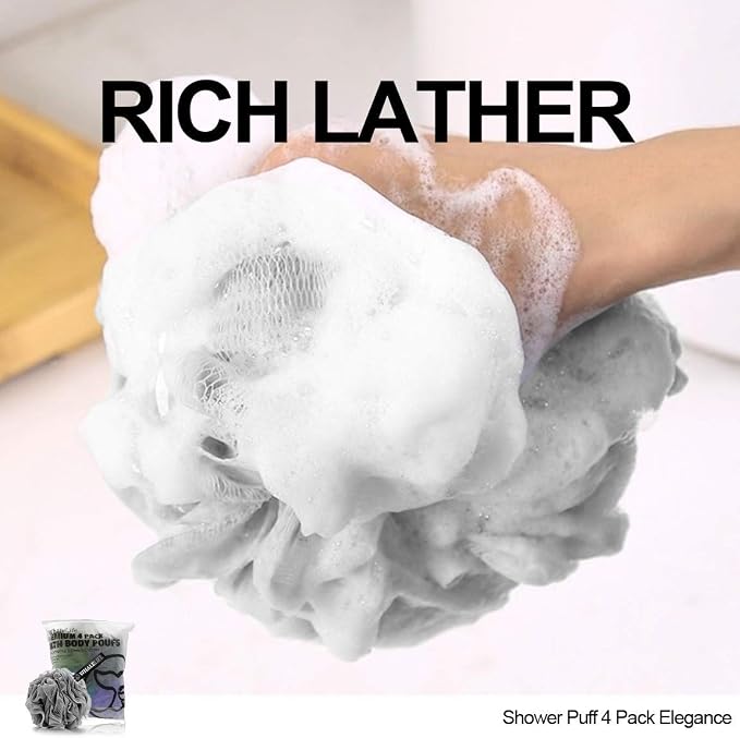Bath Loofah Sponge for Shower - Body Scrubber 4-Pack Gray Blue Green Purple | 10X Suds Save Body Wash Double Knotted Anti Tear Core Fast Dry Cotton Loop Stay Fresh Large Mesh for Sensitive Skin
