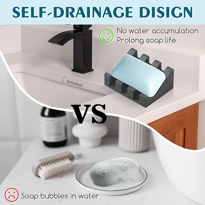 Silicone Soap Dish Self Draining with Suction Cups (Gray, 2 Pack) | Waterfall drainage design drains fast to keep soap dry silicone soap saver with reusable suction cups for bathroom & kitchen