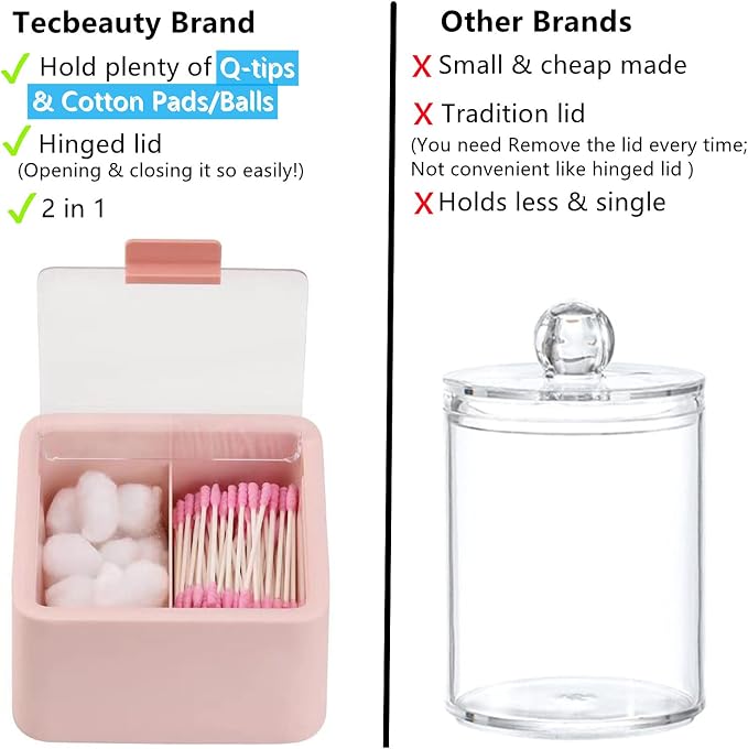 Tecbeauty 2pcs Qtips Holder - Middle Divider Cotton Pads Storage Dispenser Bathroom Organizer with Clear Hinged Lids for Cotton Balls Swabs Rounds-White & Pink