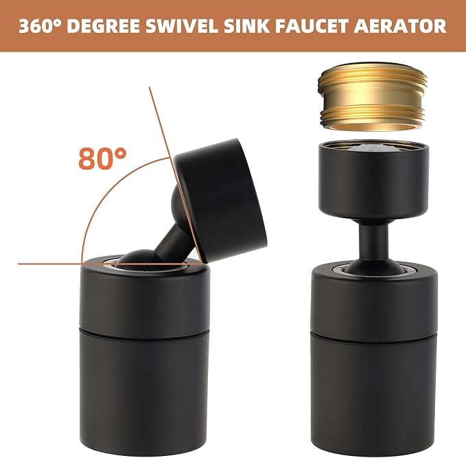 Hibbent Faucet Aerator, 360 Degree Kitchen Sink Faucet Aerator, Dual-function Swivel Big Angle Kitchen Faucet Attachment, Faucet Replacement Part, Matte Black