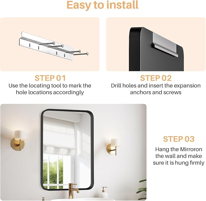 Bathroom Mirror for Wall, 30x22 Inch Rectangle Mirror, Matte Black Metal Framed Bathroom Vanity Mirror for Restroom Farmhouse, Anti-Rust, Tempered Glass, Horizontally or Vertically Hanging