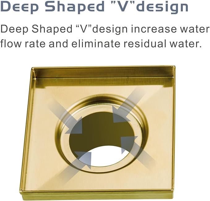 Brushed Gold Square Shower Drain with Flange 4x4, HIDROP 4 inch SUS 304 Stainless Steel Brass Gold Shower Floor Drain with Removable Hair Strainer