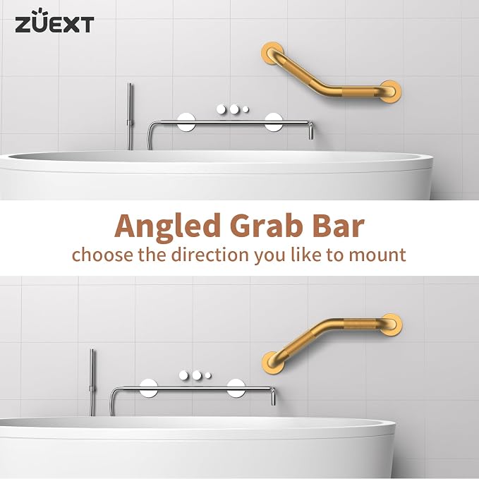 16 Inch Angled Grab Bar, ZUEXT Anti Slip Shower Grab Bar Handles, Brushed Gold Stainless Steel Knurled Bathroom Balance Bar, Safety Hand Rail Support for Handicap Elderly Injury Senior