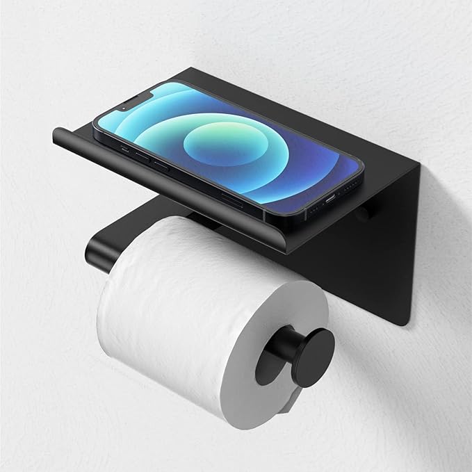GLNLQ Matte Black Toilet Paper Holder with Shelf, Fits Mega Rolls Size | Adhesive or Screw-in, Waterproof and Rustproof Stainless Steel, Wall Mount Design, Modern Stylish Design, for Bathroom, RV