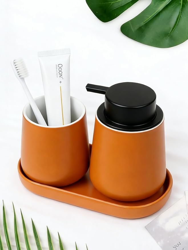 BosilunLife Ceramic Bathroom Accessories Set 3 Pcs | Foaming Soap Dispenser and Toothbrush Holder with Tray, Modern Farmhouse Vanity Decor, Orange Housewarming Gift