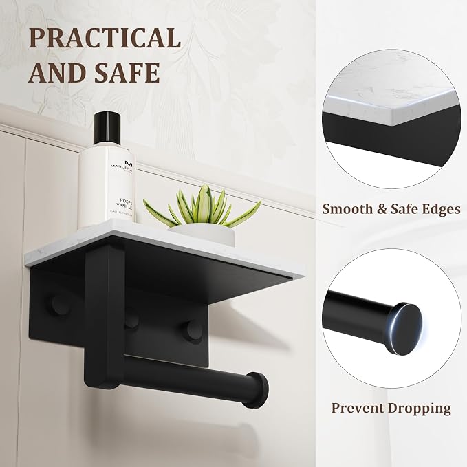 BWE Matte Black Toilet Paper Holder with Marble Shelf, Toilet Paper Roll Holder Wall Mounted, Toilet Paper Roll Holder with Phone Shelf 304 Stainless Steel Tissue Holder for Bathroom Washroom
