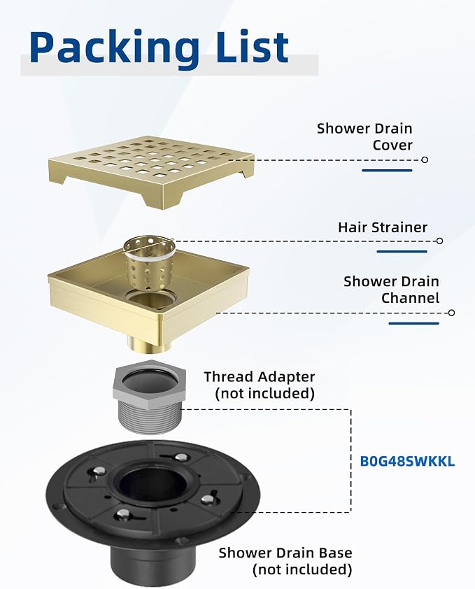 4 Inch Titanium Gold Shower Drain, Modern 304 Stainless Steel Square Shower Drain for Bathroom, Brushed Gold Shower Floor Drain with Grate Removable, Hair Strainer