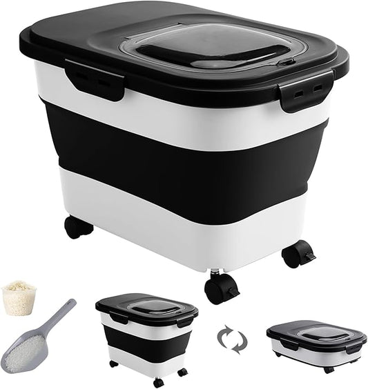 20-30 Lbs Rice Storage Container,Collapsible Food Storage Container | Flour Storage Container with Wheels Airtight Locking Lid,Rice Container Double Seal,Keep Fresh for Pet Food,Rice,Flour