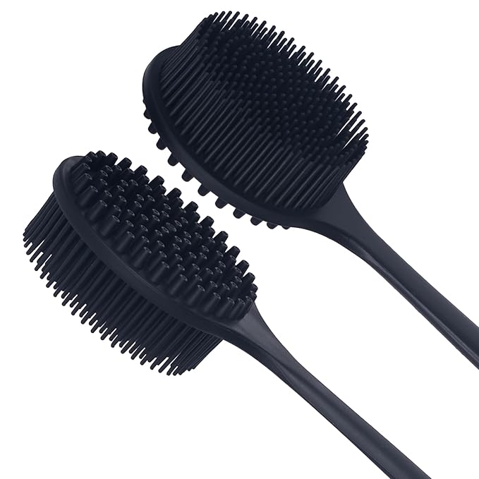 DNC Back Scrubber for Shower Soft Silicone Bath Body Brush with Long Handle (Black)