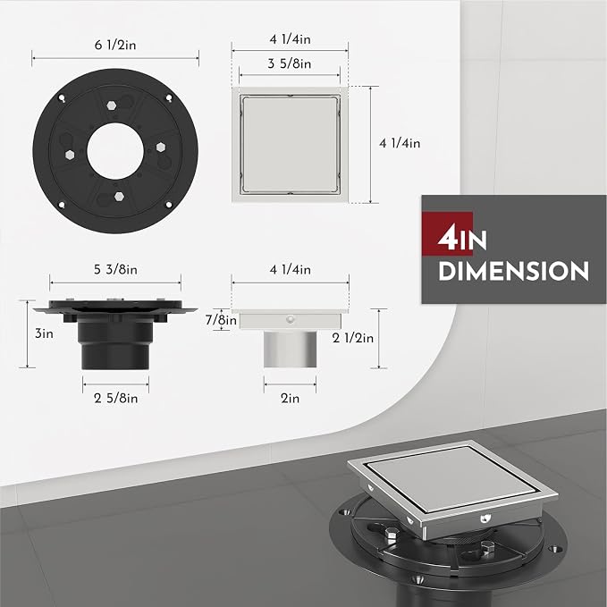 WEBANG 4 Inch Square Shower Drain Brushed Floor Drain with Flange Reversible 2-in-1 Cover Tile Insert Grate Removable SUS304 Stainless Steel CUPC Certified Brushed