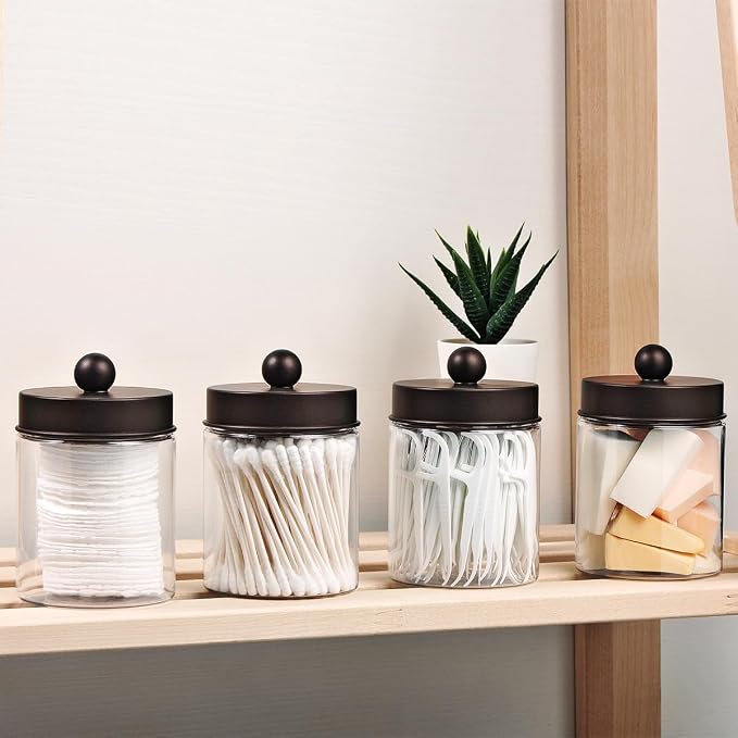Amolliar Acrylic Apothecary Jar Bathroom Qtip Holder Bronze 6 Pack | for Bathroom Storage Vanity , Countertop, Farmhouse Style, Holds Cotton Swabs, Dental Floss, Makeup Sponges,Home Decor