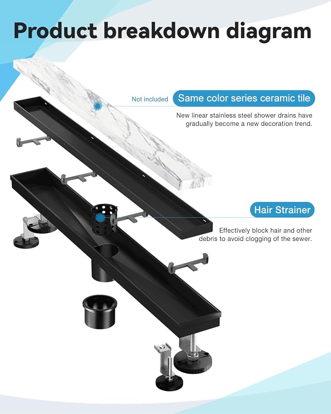 Linear Shower Drain, 54 Inch Black Shower Drain with Removable Tile Insert Grate, 2 in 1 Bathroom Modern 304 Stainless Steel Matte Black Shower Floor Drain with Adjustable Feet,Hair Filter