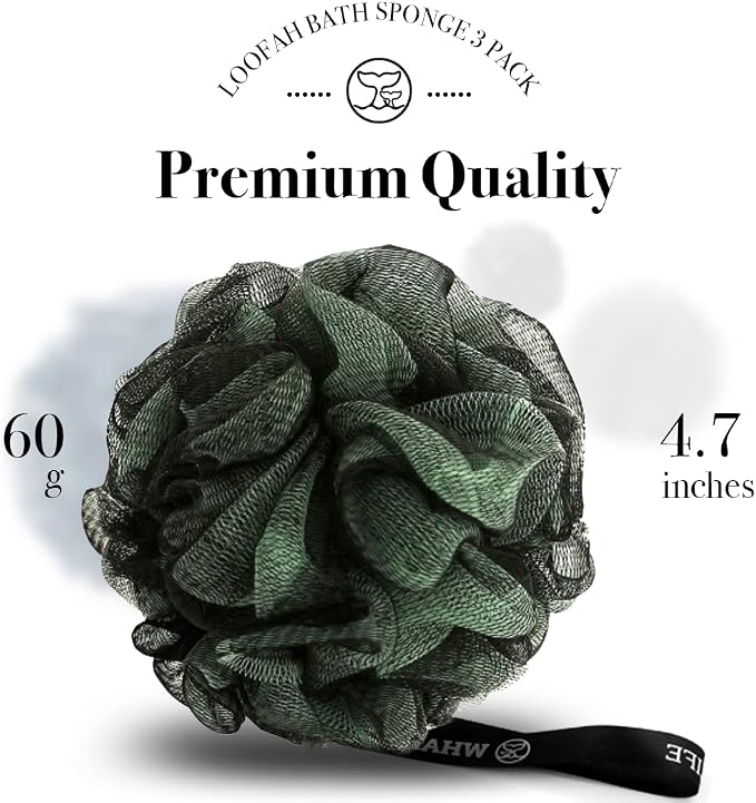 Bath Loofah Sponge for Shower Body Scrubber for Women Men 4Pc Mixed Colors | 10X Suds Save Body Wash Double Knotted Anti Tear Core Fast Dry Cotton Loop Stay Fresh Large Mesh for Sensitive Skin
