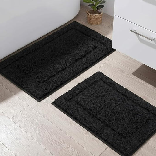 SHACOS Soft Microfiber Bathroom Rugs Set of 2 Pieces, Black | 32x20 + 24x16, Absorbent Plush Bath Rugs, Non Slip Washable Shaggy Bath Mats, Fluffy Bathroom Runner Floor Mats Shower Rug