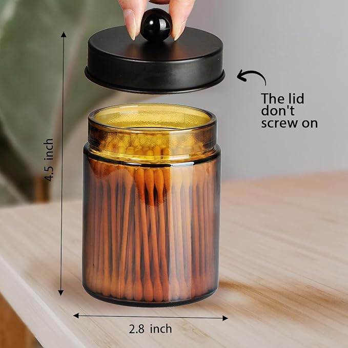 Amolliar Amber Glass Apothecary Jars Qtip Holder w/Metal Lids,Black 4pc | for Bathroom Vanity Storage, Countertop, Farmhouse Style, Holds Cotton Swabs, Dental Floss, Makeup Sponges