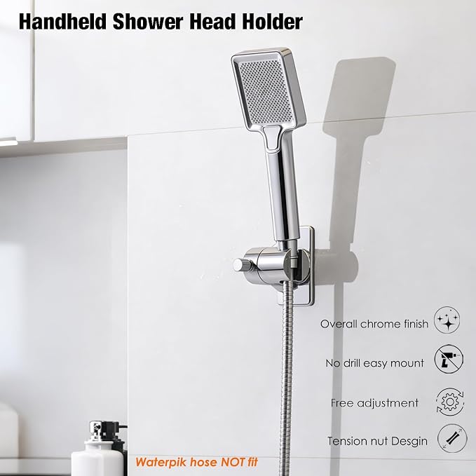 Handheld Shower Head Holder - No Drill - 360 Variable Adjustable - Tension Nut for Different Weight - Universal Shower Hose Fits - Wall Mounted with Strong Adhesive - (Polished Chrome)