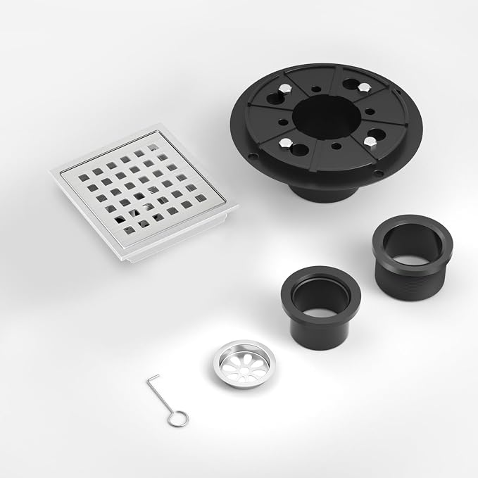 EXF Square Shower Drain 4-3/8 Inch Brushed Nickel, Stainless Steel Shower Floor Drain Kit with ABS Flange, Removable Cover Grid Grate, Hair Strainer