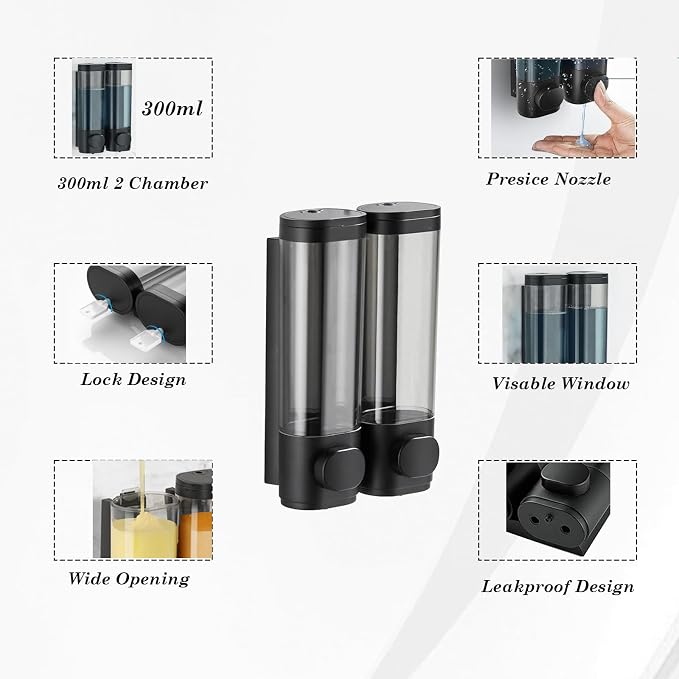 2-Chamber 10oz/300ML Black Plastic Hand Wall Mounted Soap Dispensers | Refillable Shampoo Conditioner Shower Dispenser No Drill, Clear Manual Pump Dispenser for Bathroom Hotel Kitchen