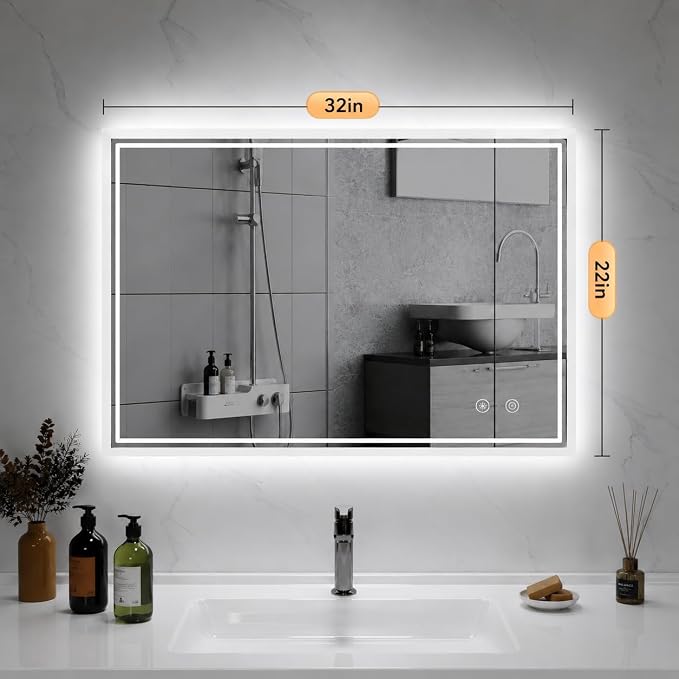 LED Mirror for Bathroom, 22"x32" Lighted Vanity Mirror with Anti-Fog, IP44 Waterproof, 3 Colors Dimmable, Backlit, Memory Function, Touch Control Wall Mount Bathroom Mirror, Horizontal/Vertical