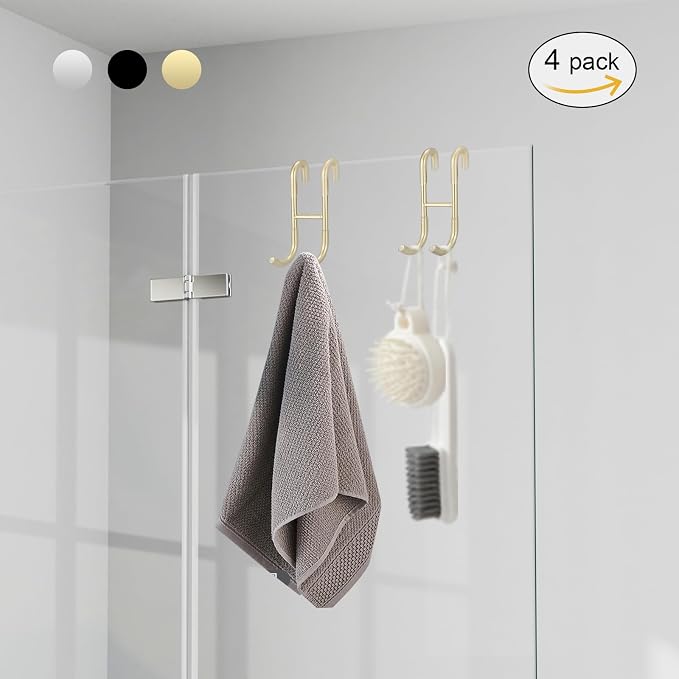 Homevacious Shower Door Hooks, 4 Pack Over Shower Glass Door Hook,SUS 304 Stainless Steel Rack Hooks, Frameless Bathroom Hanger Drilling-Free, Glue-Free Towel Hooks,Brushed Gold