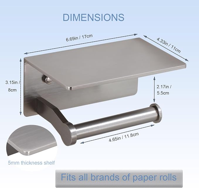 Toilet Paper Holder with Shelf - Toilet Tissue Holder with Cell Phone Shelf for Bathroom - Toilet Paper Roll Holder with Wipes Storage, Wall Mounted by Adhesive Tape or Screw - Brushed Nickel