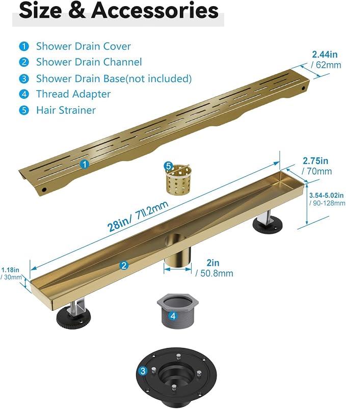 Brushed Titanium Gold Shower Drain 28 Inch, 304 Stainless Steel Linear Shower Drain with Removable Brick Pattern Grate - Adjustable Rectangular Shower Floor Drain with Hair Strainer, Linear Drain