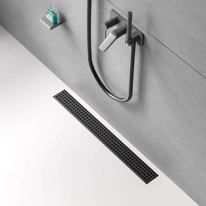 24 Inch Black Linear Shower Drain, Rectangular Shower Floor Drains with Square Hole Cover, 304 Stainless Steel Linear Drain with Leveling Feet, Hair Strainer (Matte Black)
