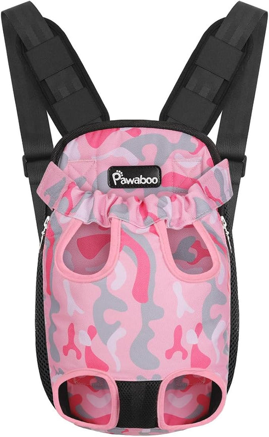 Pawaboo Pet Front Carrier Backpack for Small Medium Dogs | Legs Out Easy-fit,Adjustable Straps,Hands-Free,Soft Padded Support for Travel Hiking Cycling Camping,Pink Camouflage,S
