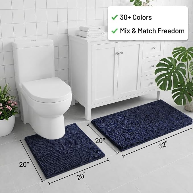 Bathroom Rugs Sets 2 Piece,Super Absorbent Chenille Bath Mats and U-Shaped Toilet Rug,Strong PVC Non Slip Backing,Microfiber Washable Dry Quickly Bath Mats for Bathroom(20"x32"+20"x20"U,Navy Blue)