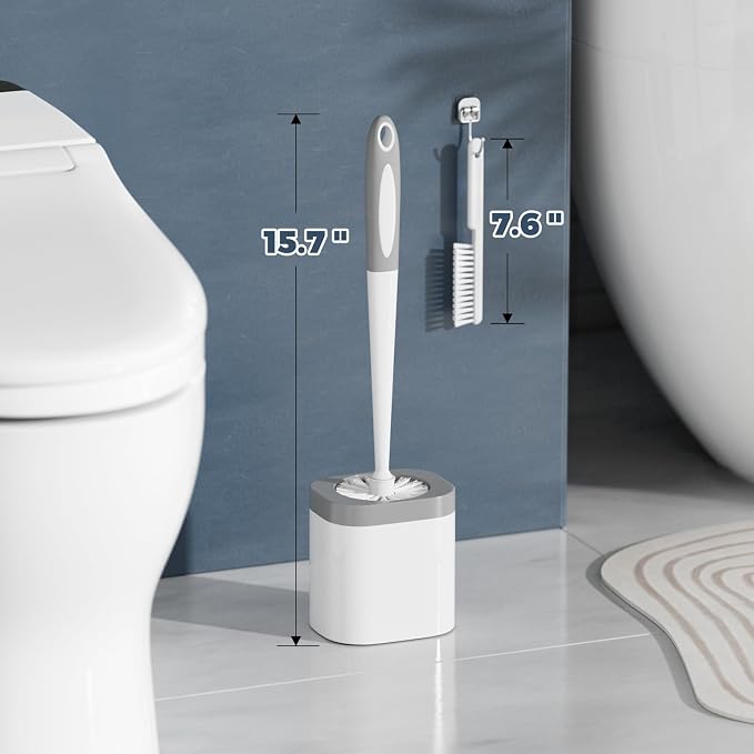 Holaloha Toilet Brush and Holder Set, Space Saving, 4 Pack, White | Bathroom Accessories, Ergonomic Silicone Handle, Dense Bristles, Deep Cleaning, with 4 Crevice Brushes, Compact Design