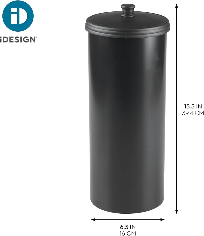 iDesign Freestanding Bathroom Toilet Paper Storage Holder, Matte Black | With Lid, For 3 Extra Rolls