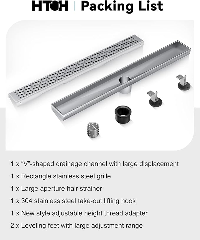 Shower Drain, Linear Shower Drain 18 Inch(Brushed Nickel),Modern 304 Stainless Steel Shower Floor Drain with Grate Removable, Adjustable Leveling Feet, Rectangular Linear Drain
