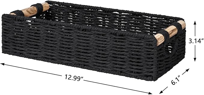 CubesLand Back of Toilet Storage Basket for Organizing w/Cut Out Handle, Handwoven Toilet Tank Top Paper Baskets, Small Wicker Decorative Basket for Countertop, Home, Living Room, Nursery, Black