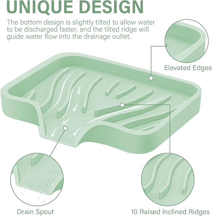 Silicone Soap Dish with Drain, SAISN Kitchen Soap Tray for Shower 2 Pack Self Draining Soap Dish Soft Bathroom Soap Holder for Kitchen Sink Flexible Portable Soap Saver, Light Green
