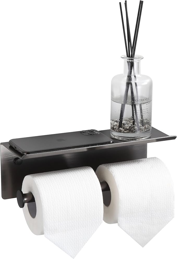 Grey Toilet Paper Roll Holder with Shelf Wall Mounted for Bathroom (Grey, Double Head)
