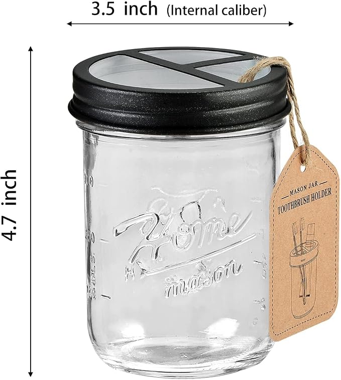 Sheechung Mason Jar Toothbrush Holders, Glass Toothbrush Holders for Bathrooms, Electric Toothbrush Toothpaste Holder Black, Bathroom Organizers and Storage, Bathroom Essentials, Farmhouse Decor, 2Pcs