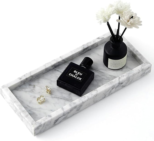 Real Natural Marble Tray for Bathroom, Vanity, Kitchen and Desktop, Rectangle Genuine Marble Stone Tray for Jewelry, Cosmetics, Candles, Lotion, Perfume and Home Decor, 12"x5" Size