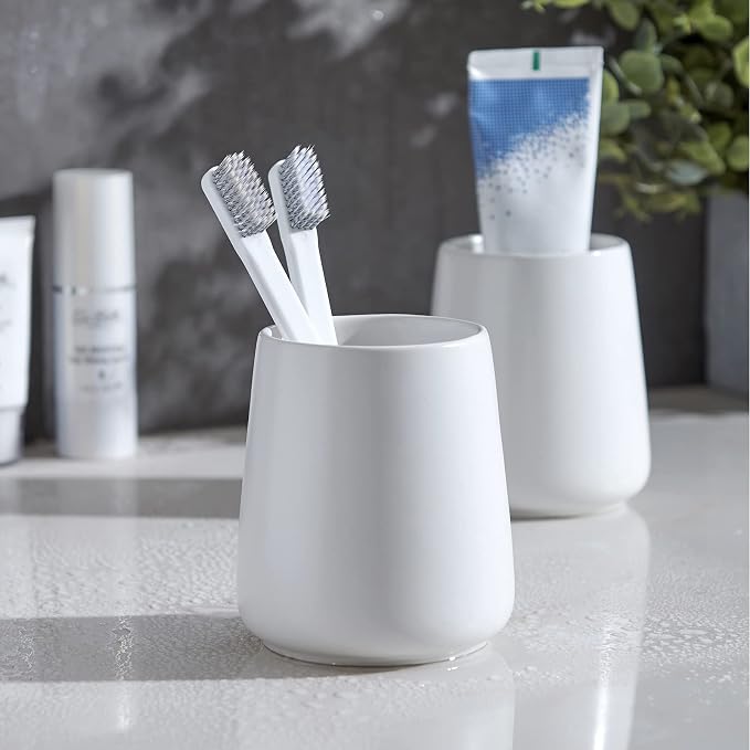 White Toothbrush Holder for Bathroom - 2Pcs Ceramic Tooth Brushing Holders Set, Toothbrush Cup & Toothpaste Organizer for Bathroom Countertop, Makeup Brush Holder, Pen Holder for Home Desktop Storage