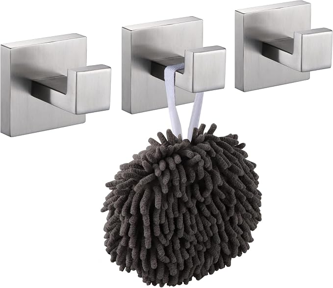KOKOSIRI Bath Towel Hook Wall Mount Square Robe Hook Coat Hook Bathroom Kitchen Garage Heavy Duty SUS 304 Stainless Steel 3 Pack Brushed Nickel B1010BR-P3