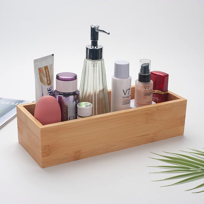 3Pcs Bamboo Bathroom Basket, Wood Bathroom Organizer, Wooden Basket Tray for Counter Toilet Tank Top, Home Decor Wood Box for Toilet Paper Storage