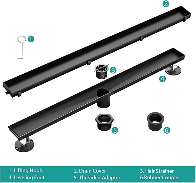 BARONAGE 48 Inch Linear Shower Drain, Rectangle Shower Floor Drain with 2-in-1 Flat & Tile Insert Cover, 304 Stainless Steel Bathroom Drains with Hair Catcher and Leveling Feet (Matte Black)