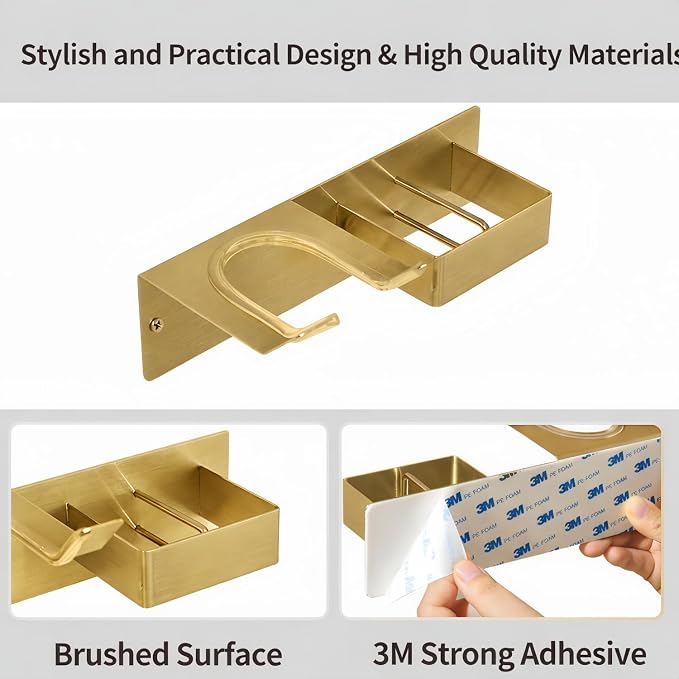 Hair Dryer and Straightener Holder, Stainless Steel Hair Dryer Stand for Bathroom, Hair Dryer Holder Wall Mounted Adhesive or Drilling, Hair Tool Organizer for Salon Barber Shops Gold BANJEKT
