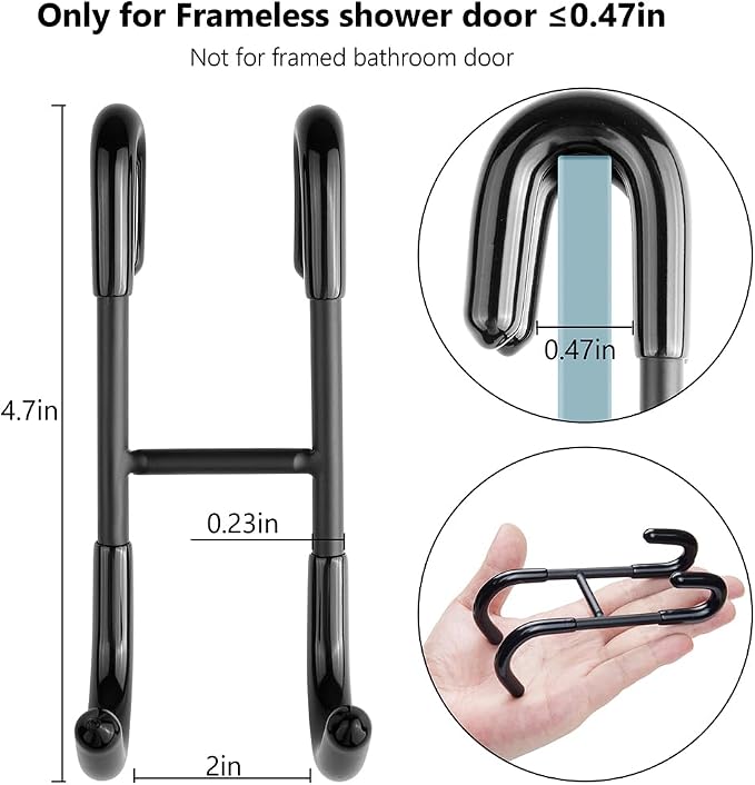 NINETREX Shower Door Hooks,Over Glass Door Hooks for Bathrooms Frameless Glass,Heavy Duty SUS 304 Stainless Steel Hook for Towels,Squeegee,Loofah,Shaver,Robe,2 Pack,Black