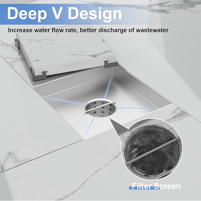 6-Inch Square Shower Drain with Tile Insert Grate, SUS 304 Stainless Steel Shower Floor Drain Kit with Hair Strainer (Brushed Nickel)